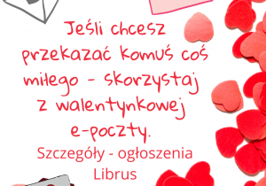 Na zdjeciu znajduje się plakat reklmujący pocztę walentynkową - listy wśród czrwonych serduszek.