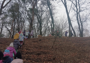 Na zdjęciu widać uczniów podczas spaceru w lesie.