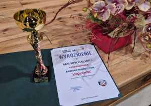 Dyplom i puchar umieszczony na stoliku