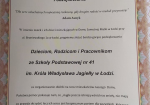 Na drugim zdjęciu znajduje się podziękowanie, które otrzymali uczniowie, rodzice oraz pracownicy naszej szkoły